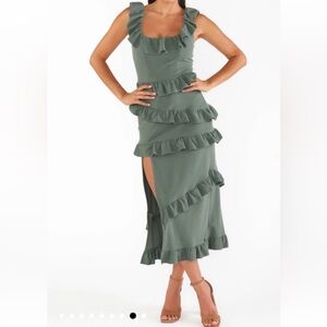 NWT Show Your Mumu Deep Sage Green Greta Ruffle Detail Midi Dress